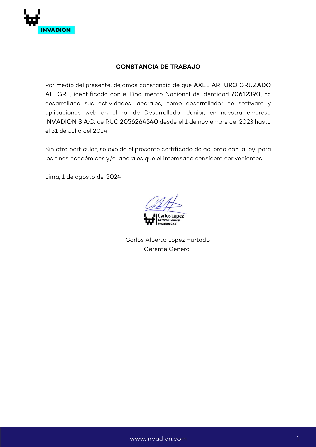 Certificado de Invadion